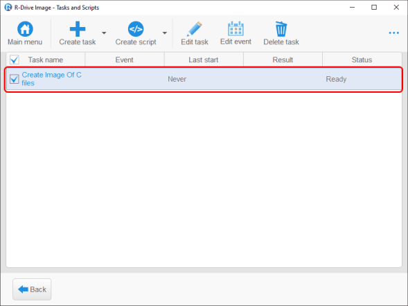 Tasks and Scripts panel