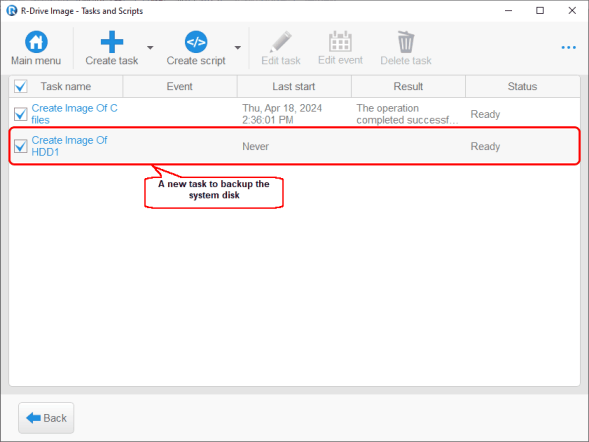 Task and Scripts panel