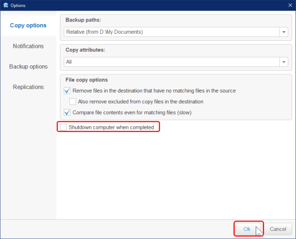 Copy options tab