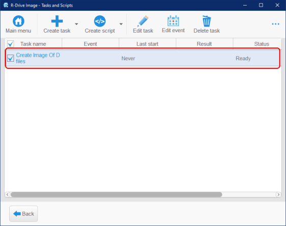 Tasks and Scripts panel