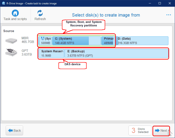 Select disk(s) to create image from panel