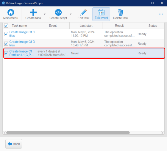 Tasks and Scripts panel