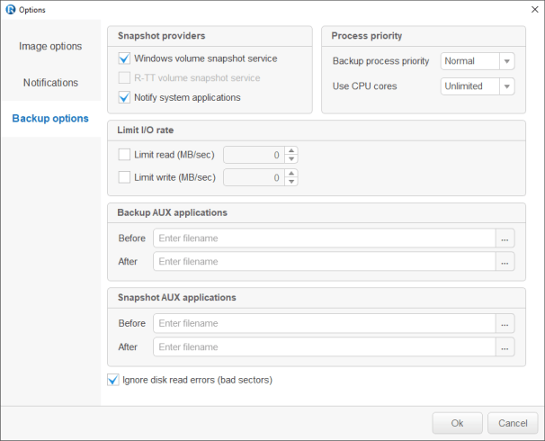 Painel de Opções de Backup.