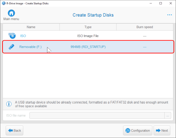 Create Startup Disks panel