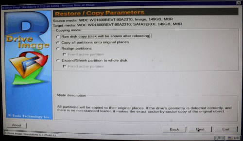 Restore/Copy Parameters panel