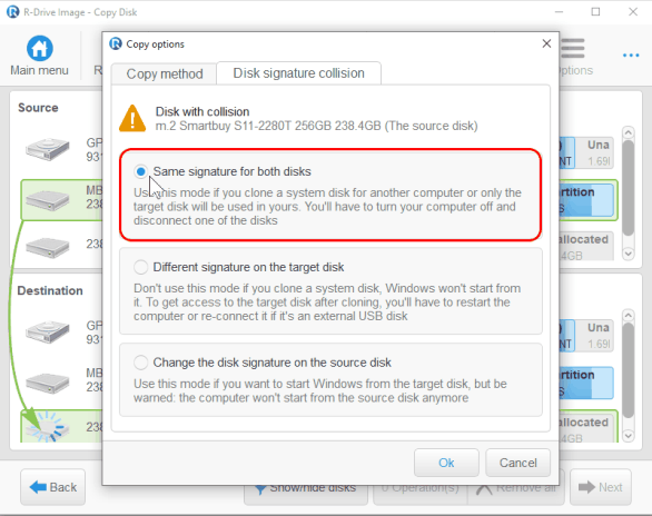 Copy options panel- Disk signature collision