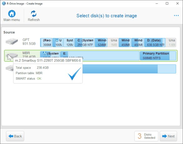 Select disk(s) to create image panel