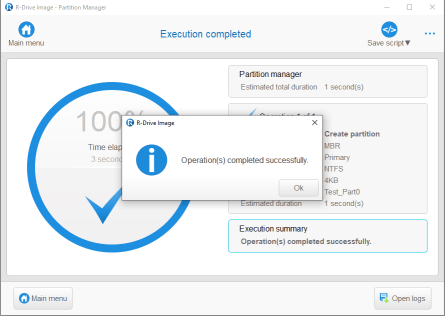 Partition creation: operation completed