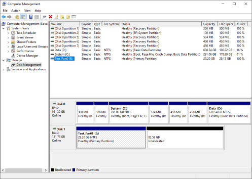 The new partition in the Computer Management panel