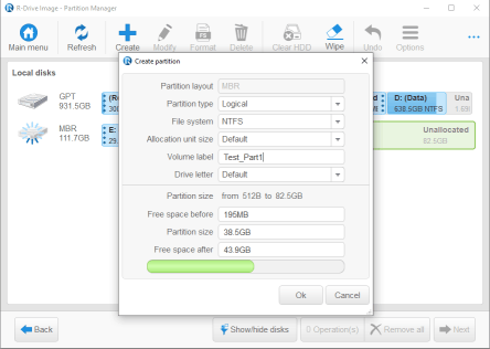 Parameters of the newly created partition