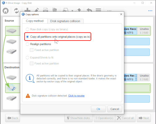 Copy options window
