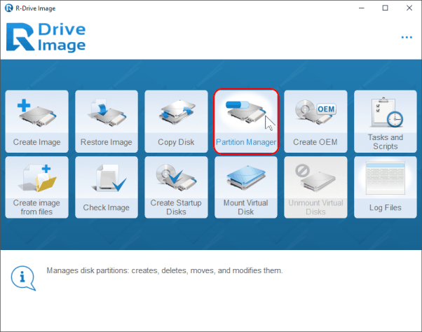 Action Selection panel - Partition Manager