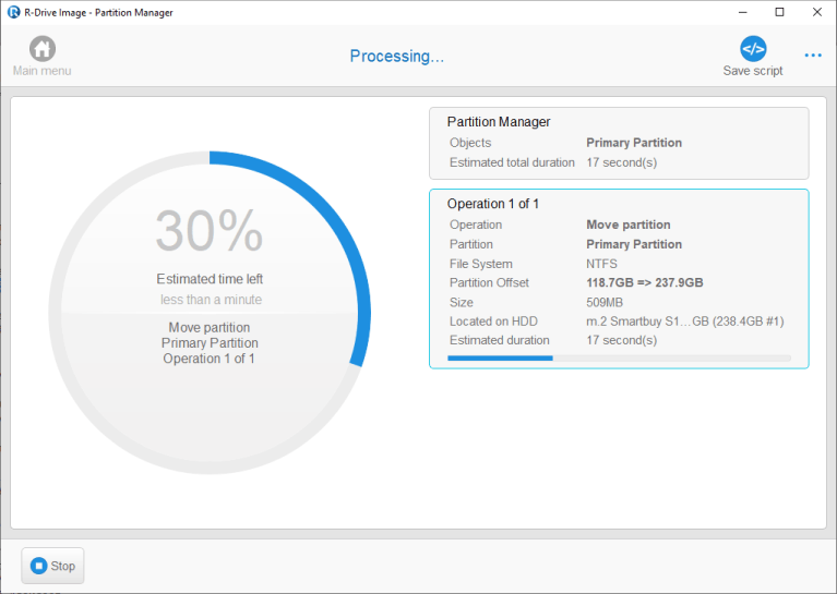 Fortschrittsanzeige beim Kopieren von Daten - Partition Manager