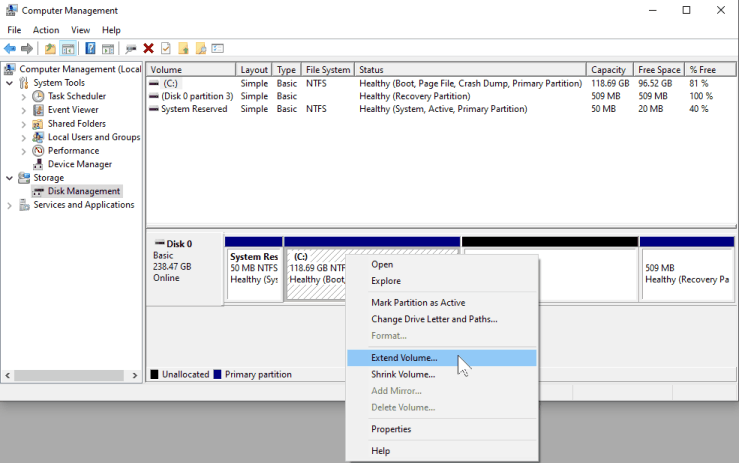 Extending the Windows partition - 1