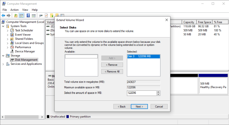 Extending the Windows partition - 3