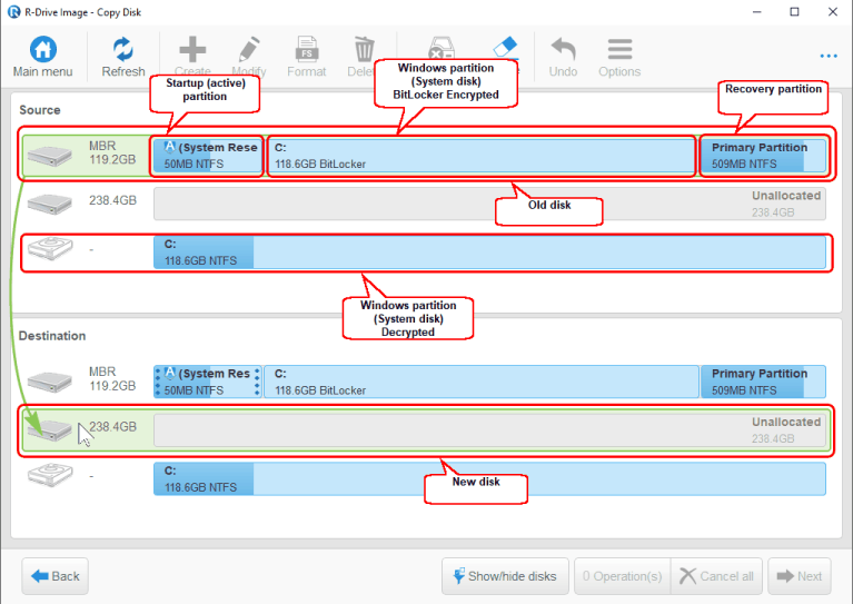 Dragging the old disk to the new disk