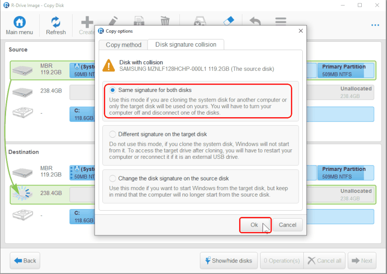 Disk signature collision window