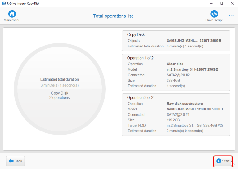 Panel de lista de operaciones - Copiar disco