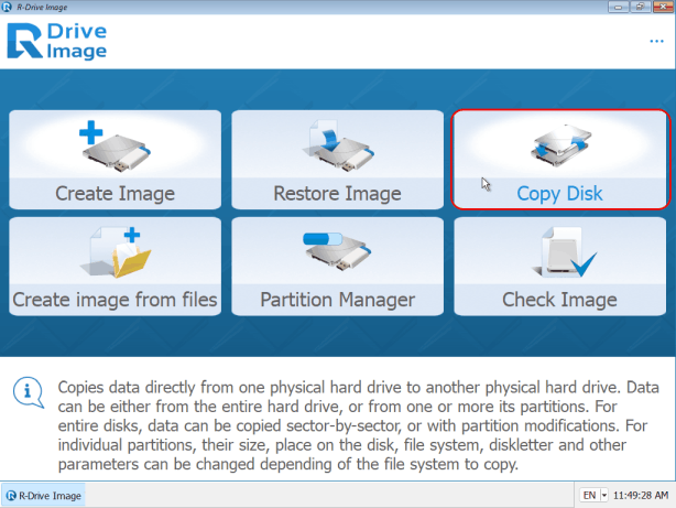 Action Selection panel - Copy Disk (Startup version)