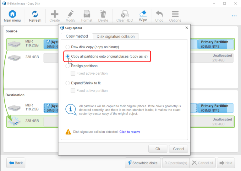 Fenster "Copy Options" (Kopieroptionen)