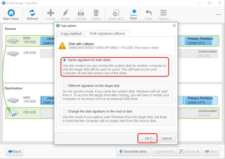 Disk signature collision window