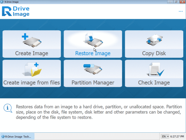 R-Drive Image Startup version: Main panel