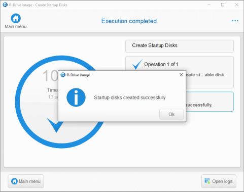 The Startup disks created successfully message