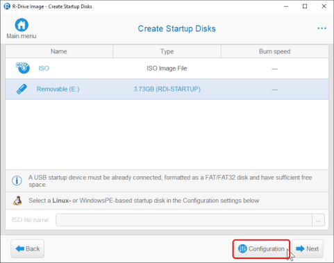 Create Startup Disks panel