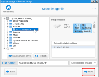 Linux-based variant: Select the image file