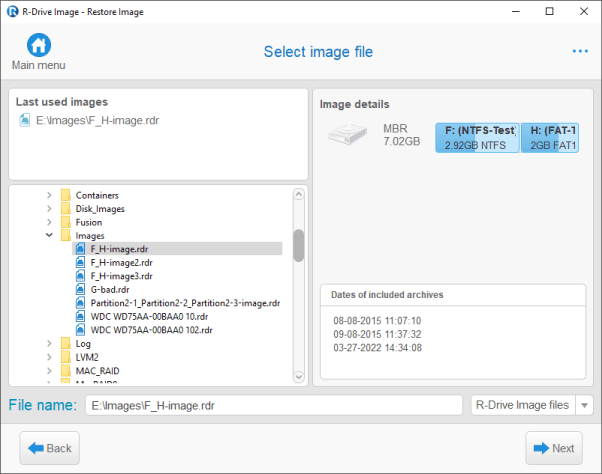 Software de Backup: Painel de seleção de arquivo de imagem