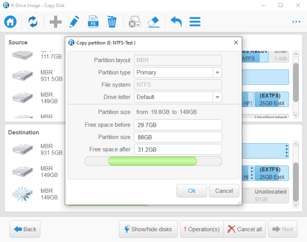 Back-upsoftware: venster voor partitie kopiëren