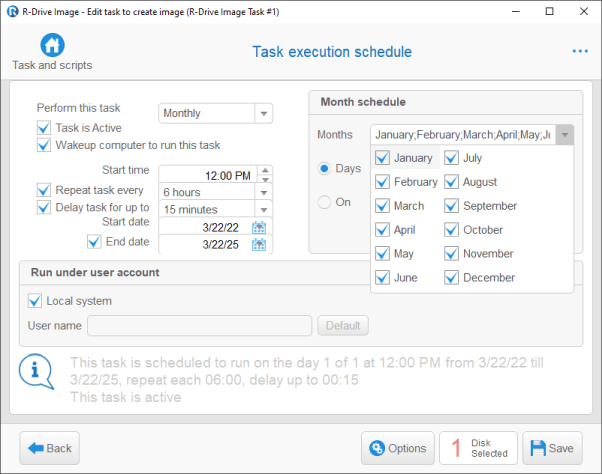 Software de Backup: Painel de agendamento de execução de tarefas.