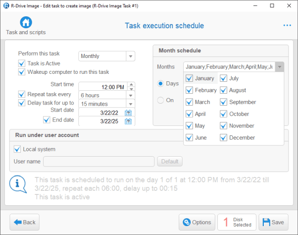 Software di backup: pannello di pianificazione dell'esecuzione delle attività