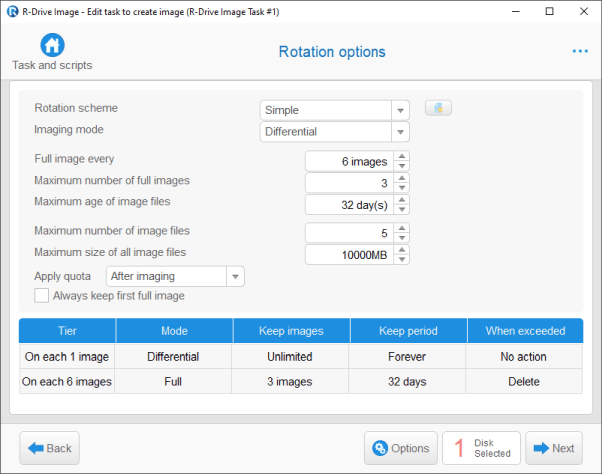 Backup Software: Rotation options panel