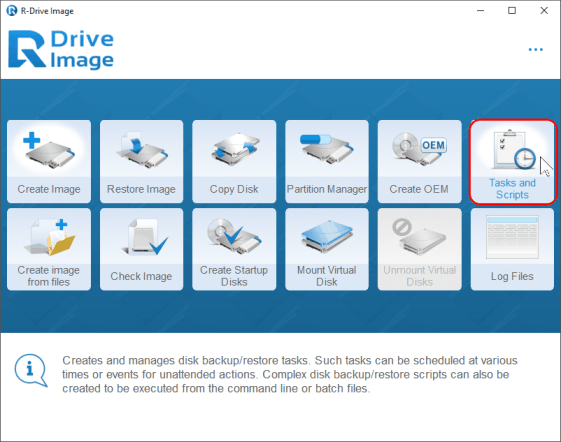 System disk backup - Action Selection Panel