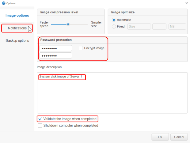 System disk full backup - Image Options Panel