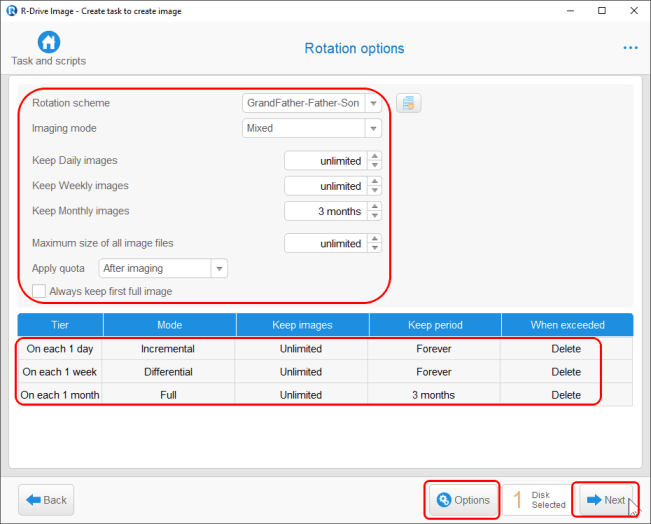 Data disk backup - Rotation options Panel