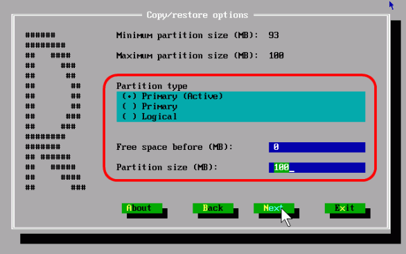 Computer- und Systemwiederherstellung: Bereich Optionen für Kopieren/Wiederherstellen