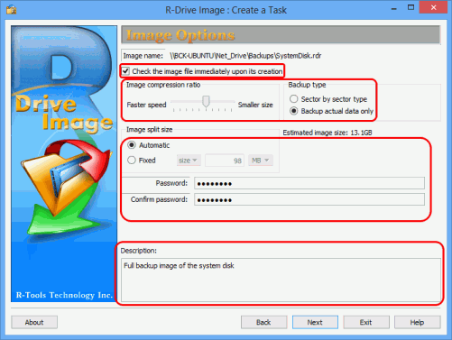 Monatliche vollständige Sicherung der Systemdiskette - Image Options Panel ("Image-Optionen")