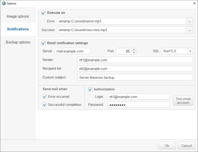 Software para la copia de seguridad: Panel de notificación de correo / AUX Aplicaciones