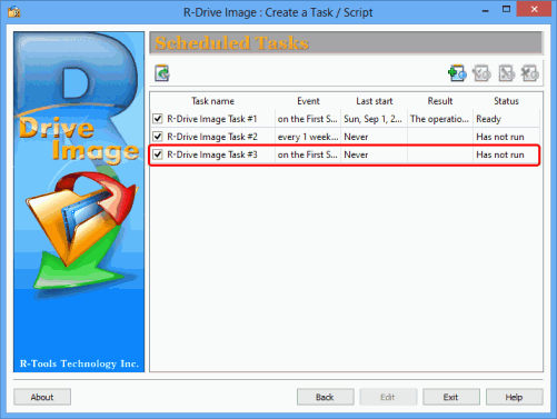 Copia de seguridad completa mensual del disco de datos - Panel Scheduled Tasks (Tareas programadas)