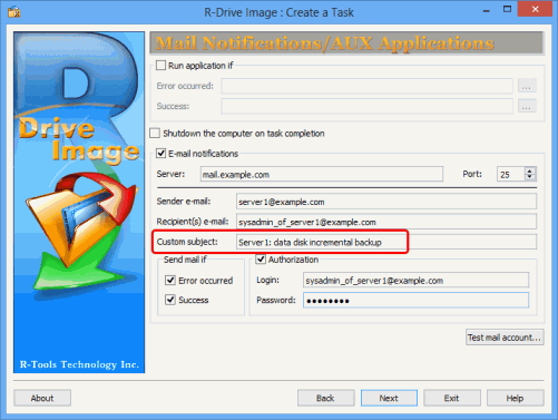 Copia de seguridad incremental diaria del disco de datos – Panel Mail Notification/AUX Applications (Notificación por correo/Aplicaciones auxiliares)