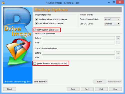 Copia de seguridad mensual completa del disco de sistema - Panel Backup Options (Opciones de copia de seguridad)