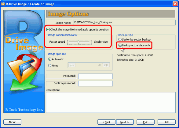 Clonage et déploiement de système de masse: Fenêtre d'options d'image