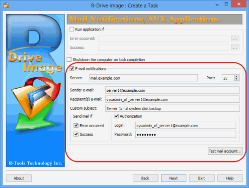 Sauvegarde mensuelle complète du disque système - Notification/AUX Applications (Notification par courrier / Panneau des applications AUX)