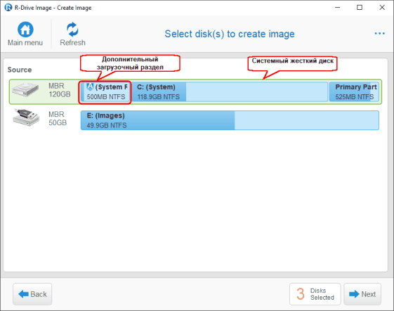 Панель Select disk(s) to create image