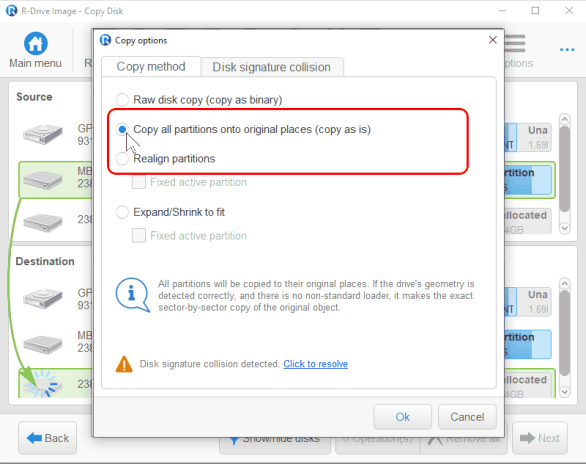 Панель Copy options panel - Copy method