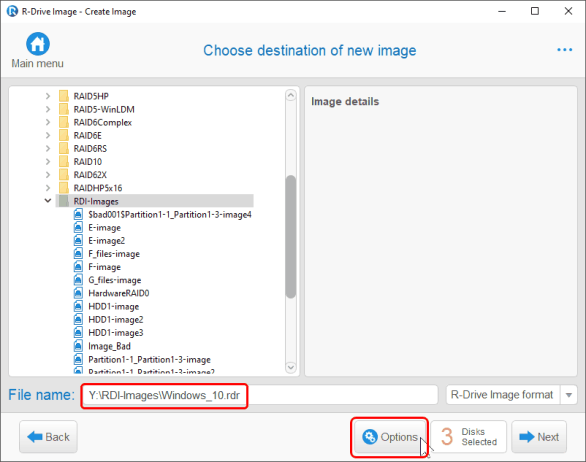 Панель Choose destination of new image