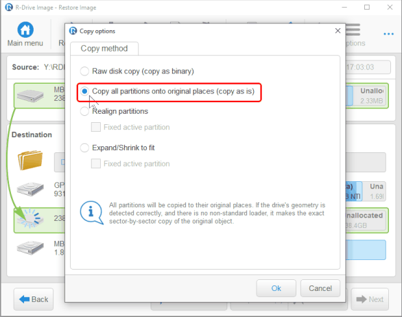 Клонирование Системы и Диска: Панель Restore/Copy Parameters