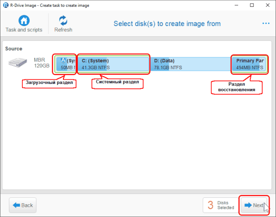Резервное копирование системного диска - панель Select disk(s) to create image from